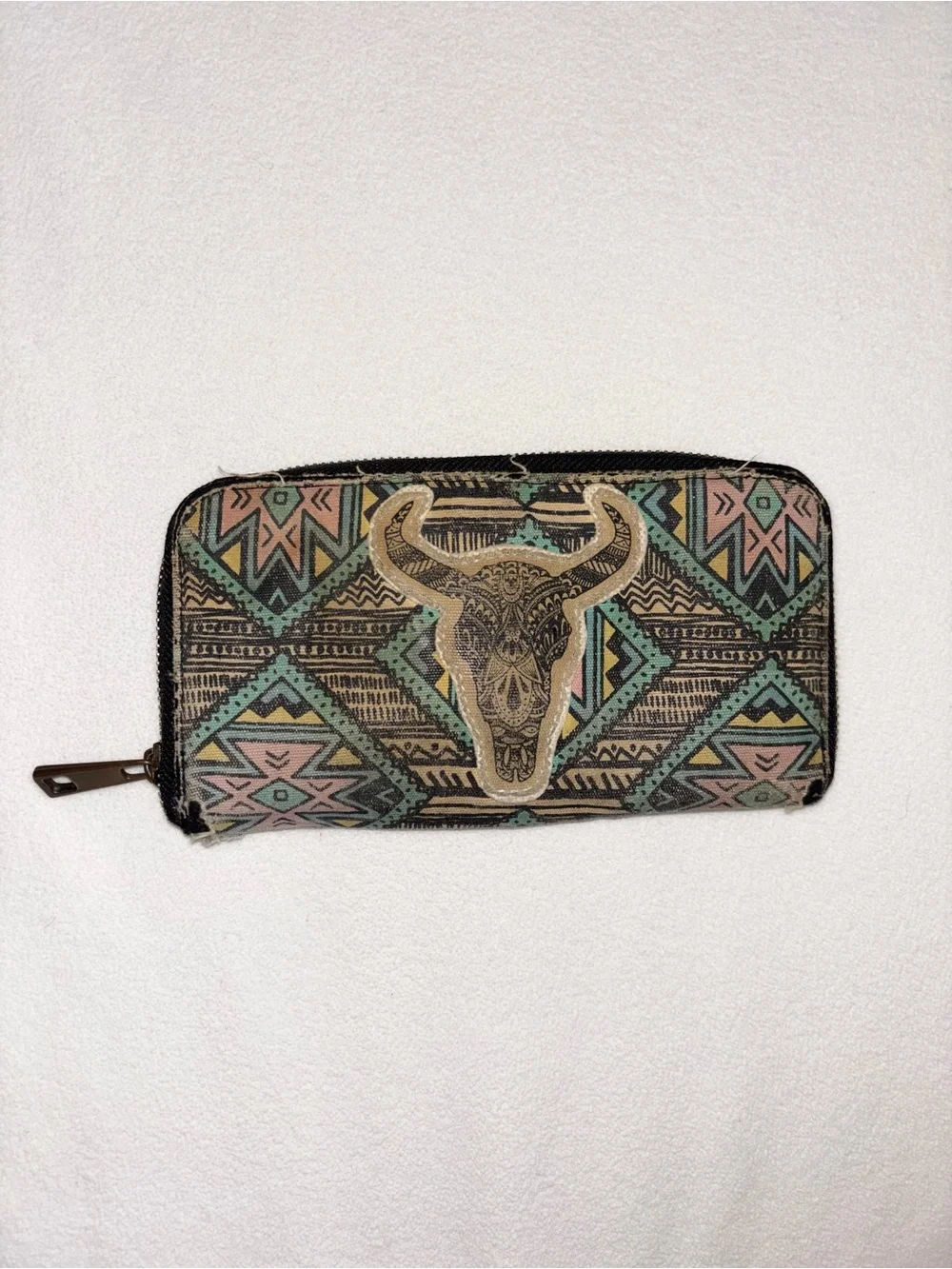 Southwestern Canvas Zip Card Holder with Bull Skull - Teal, Pink, Black